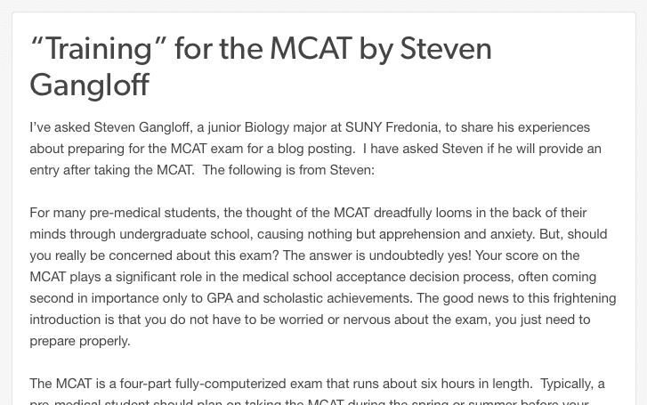 MCAT Training Article by Steven Gangloff MD, Neurologist at Duke